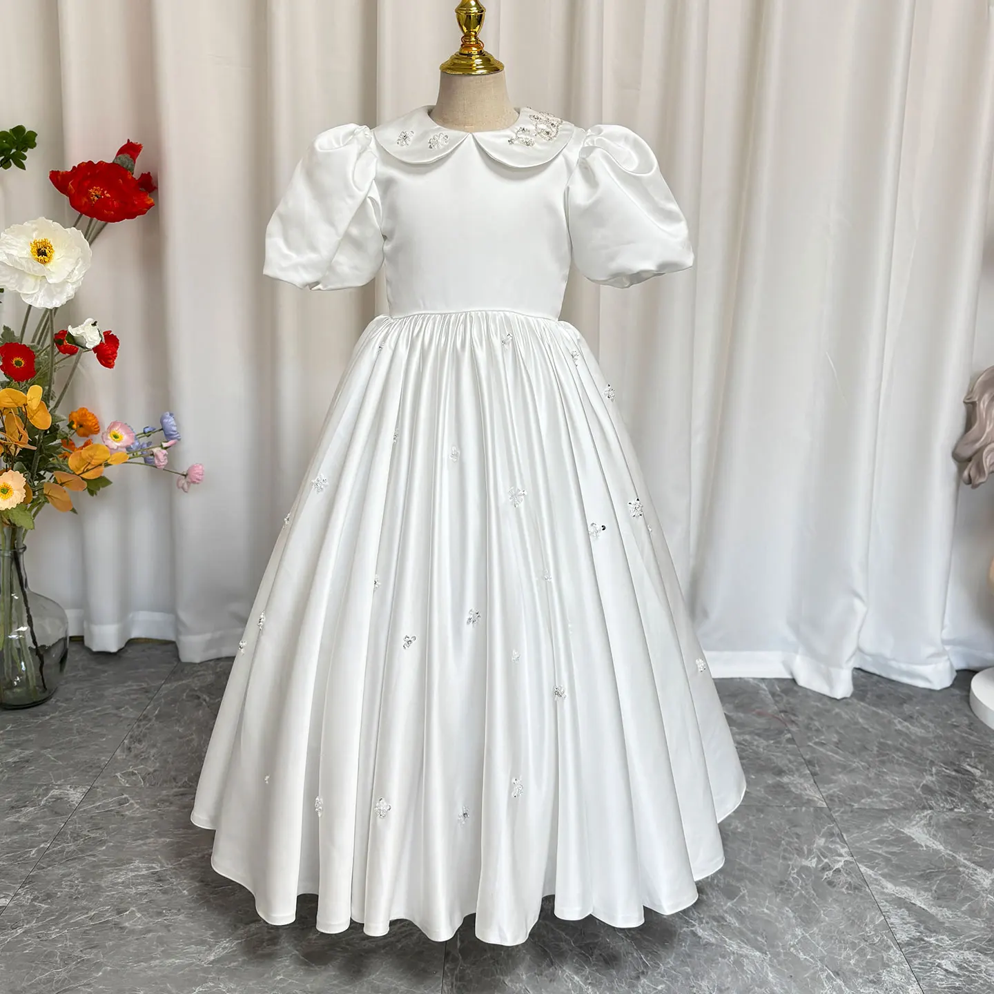 Jill Wish Luxury White Satin Beads Flower Girl Dress with Glove Ankle Length for Princess Birthday Wedding Party Ball Gown J171