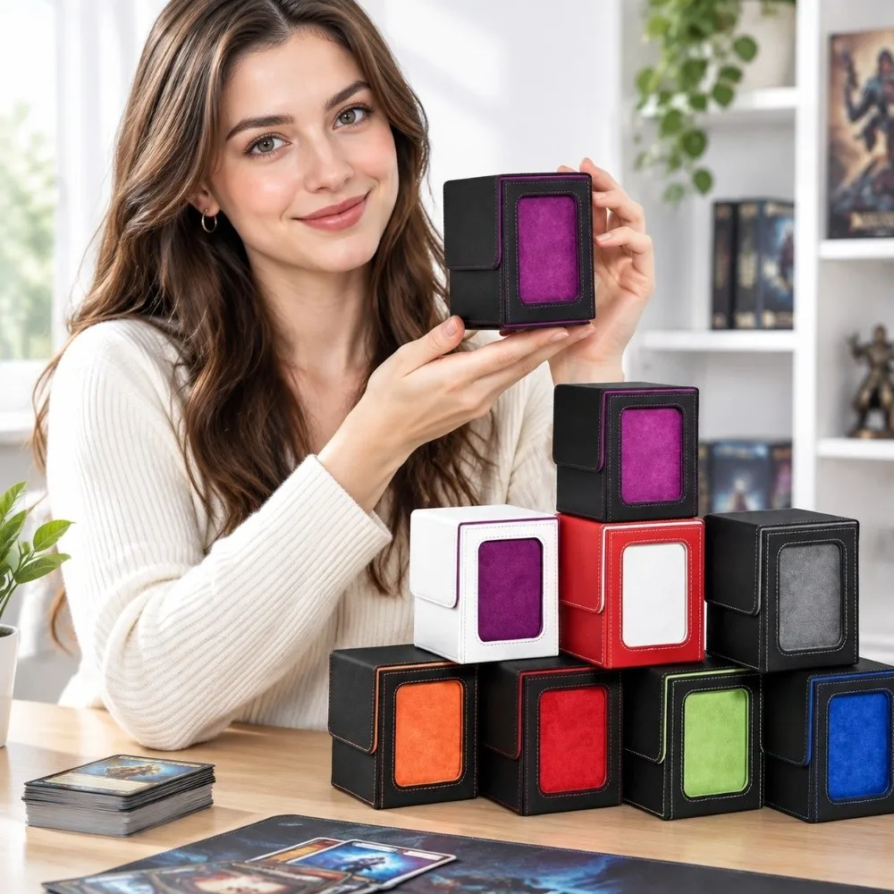Display Window Game Card Organizer PU Leather Single Sleeved Cards Trading Card Storage Box Protectors Container Cards Case