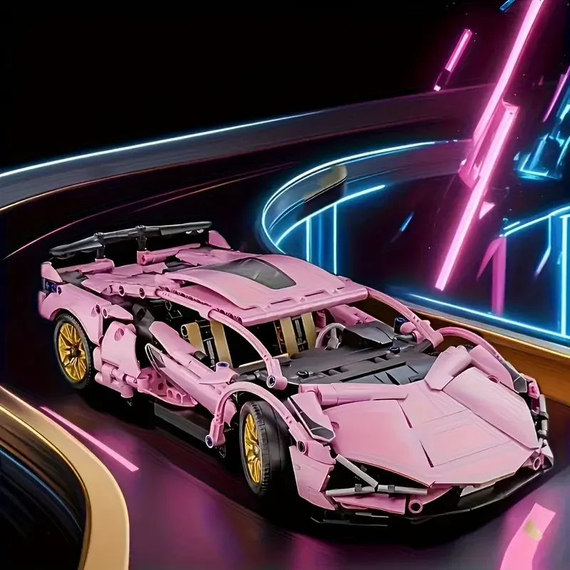 

1296+PCS Technical Pink Lamborghinied Racing Car Building Block Model Sports City Vehicle Assemble Bricks Toy For Kids Adult Gif