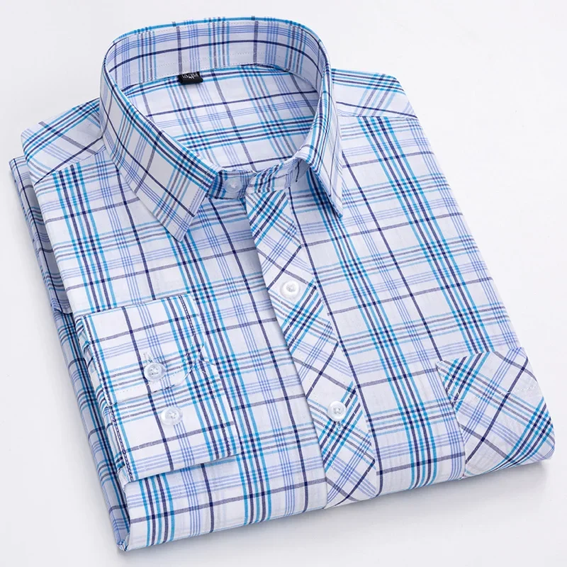 Nuevo en camisa, camisas de manga larga 100% algodón para hombres, camisa lisa formal ajustada, tops de diseñador a cuadros, ropa elegante de oficina