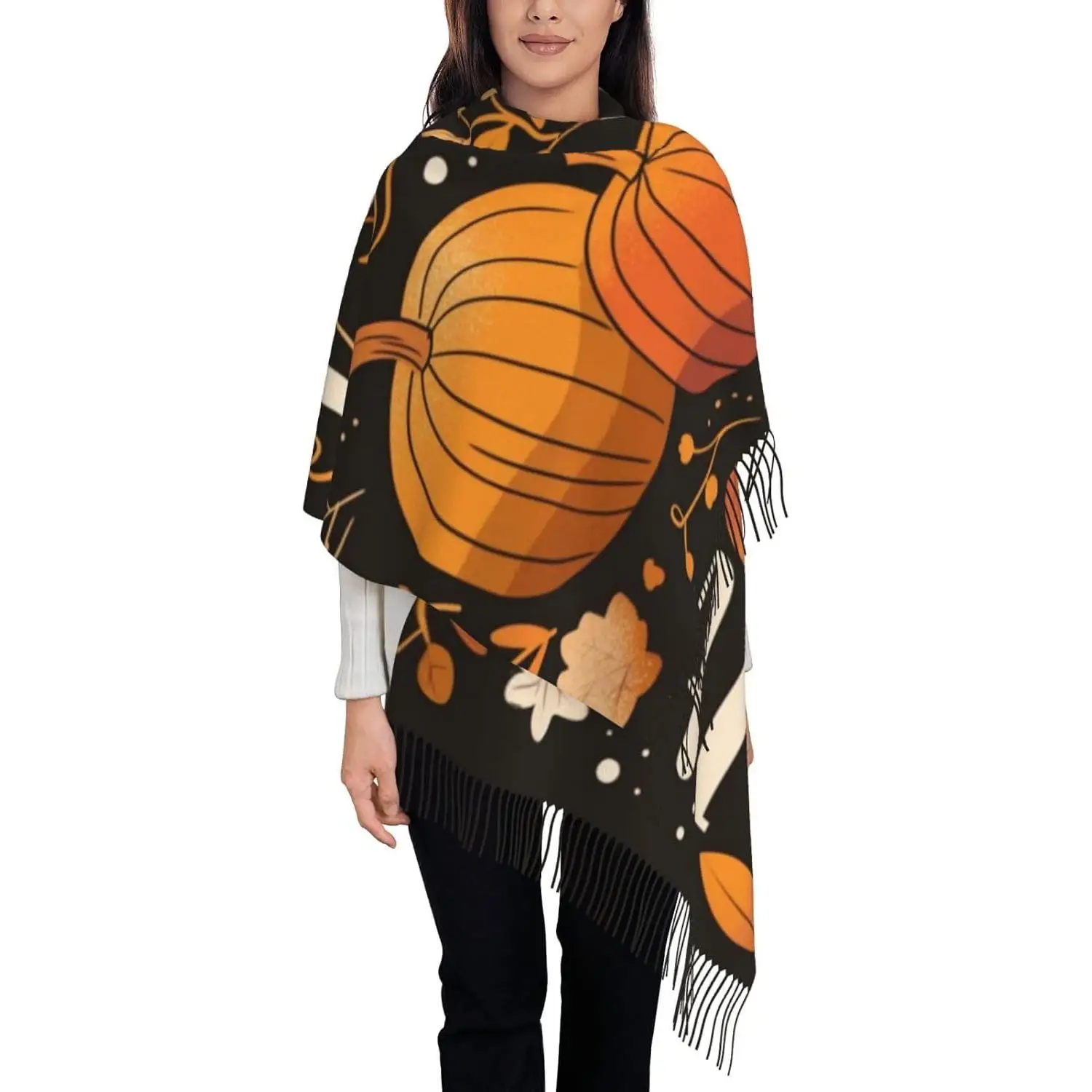 

Thanksgiving Soft Scarf Womens Warm Pumpkin Shawls Orange Autumn Leaves Fall Tassel Scarvf