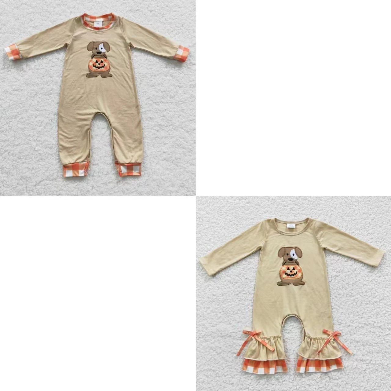 

Halloween Newborn Toddler Embroidery Pumpkin Dog Baby Boy Girl Long Sleeve Snap Button Cotton Plaid Jumpsuit Kid Children Romper