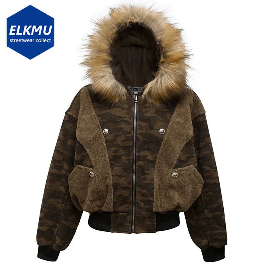 

Men Winter Jackets Camouflage Fur Collar Parkas Coats Thicken Fleece Warm Padded Jackets Streetwear Harajuku Hip Hop Jackets