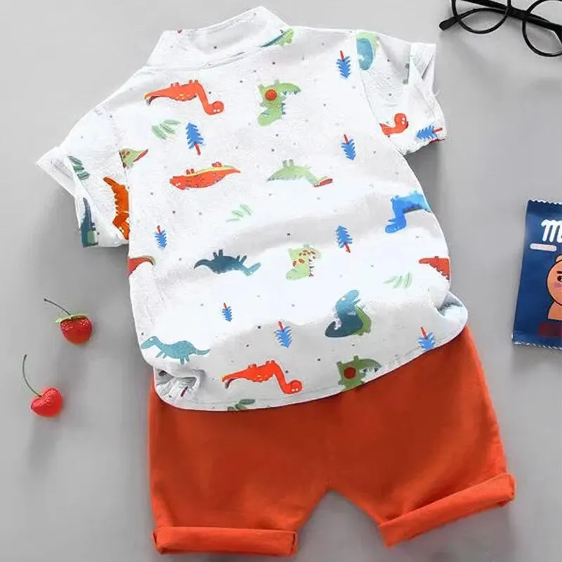 Summer Toddler Kids Clothing Short Sleeve Dinosaur Print Shirt Pant Two Piece Casual Suit Baby Boy Outfit Clothes