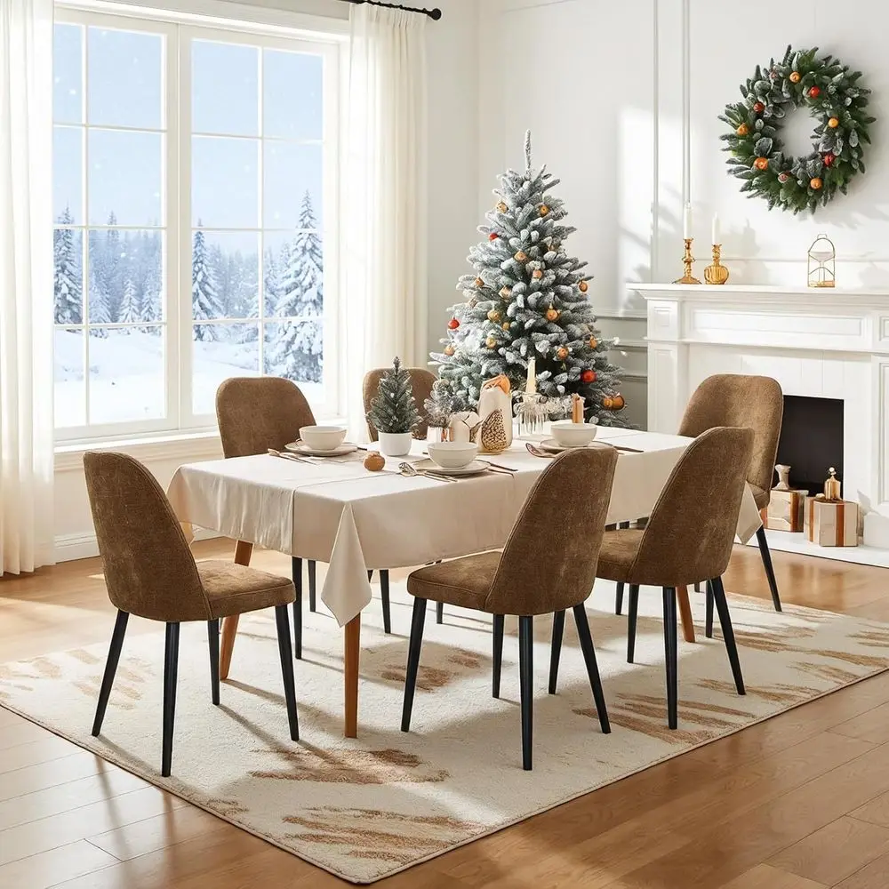 

Set of 6 Upholstered Dining Chairs in Brown Chenille Fabric with High-Back Padding and Metal Legs for Kitchen, Dining Room, Rest