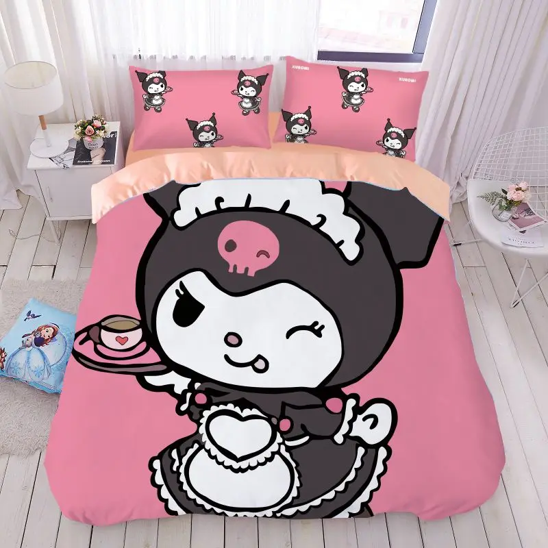 

Мультяшный аниме Sanrio Kuromi из чистого хлопка для девочек, набор из четырех предметов для одного общежития, простыня из чистого хлопка, пододеяльник, комплект из трех предметов