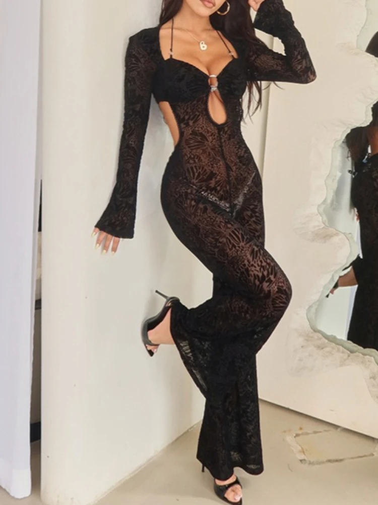 

SsTss женский черный комбинезон с бретелькой на шее и длинными рукавами, сексуальный прозрачный кружевной комбинезон с вырезом на спине, узкие брюки-клеш, комбинезон, клубная одежда