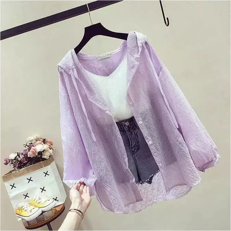 سترة نسائية النسخة الكورية من معطف قميص نسائي صيفي بأكمام طويلة ورقيق وفضفاض ورقيق على الموضة