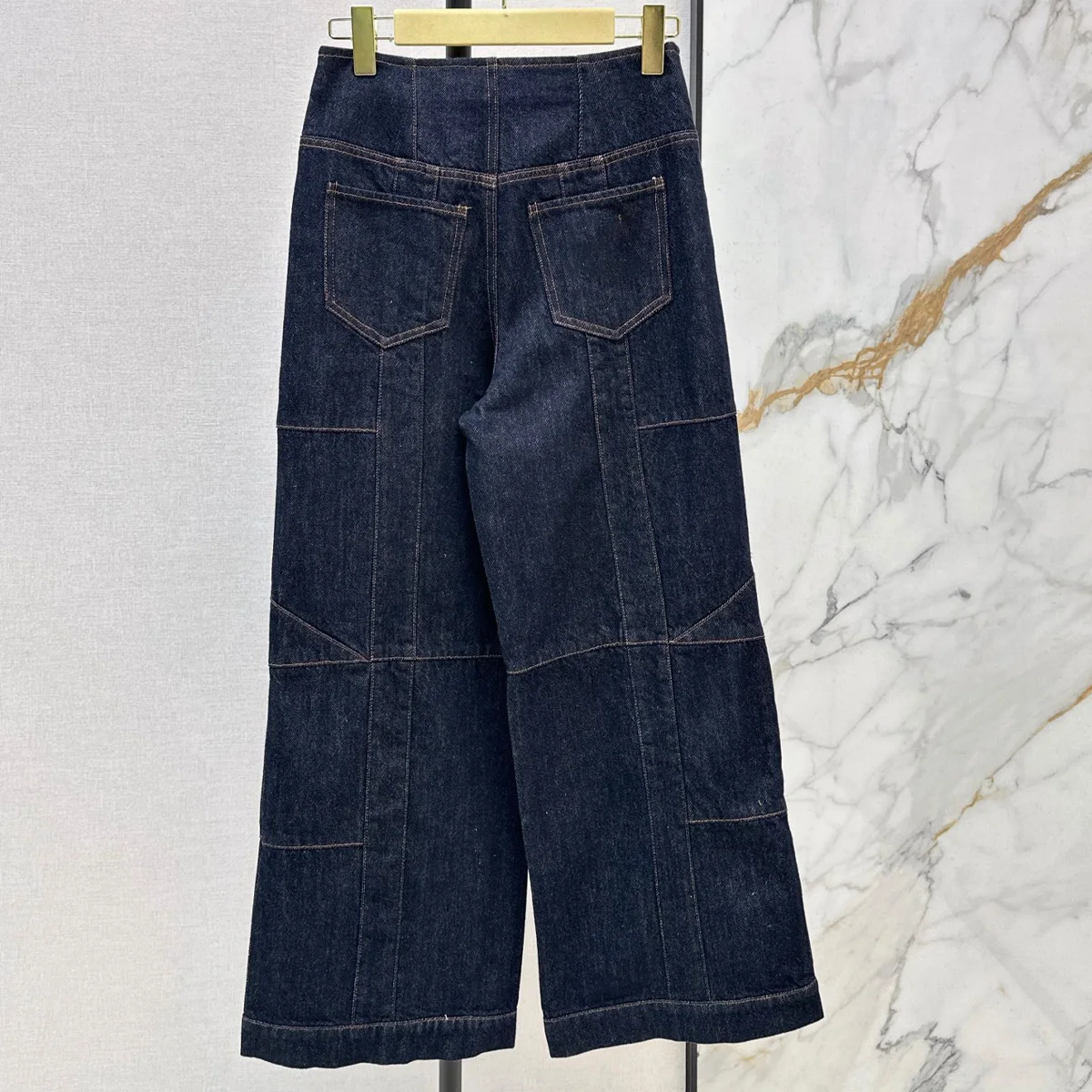High Quality Women High Waist Dark Blue Panel Wide Leg Jeans Multi Pockets Straight Long Pants lyt26729107