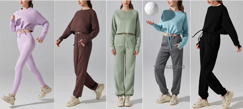 VITALINOVO Weiches, kurzes Sweatshirt mit Rundhalsausschnitt für Damen, langärmelig, Workout-Pullover, Pullover, Daumenlöcher, entspannte, leichte Oberteile – Detail 11