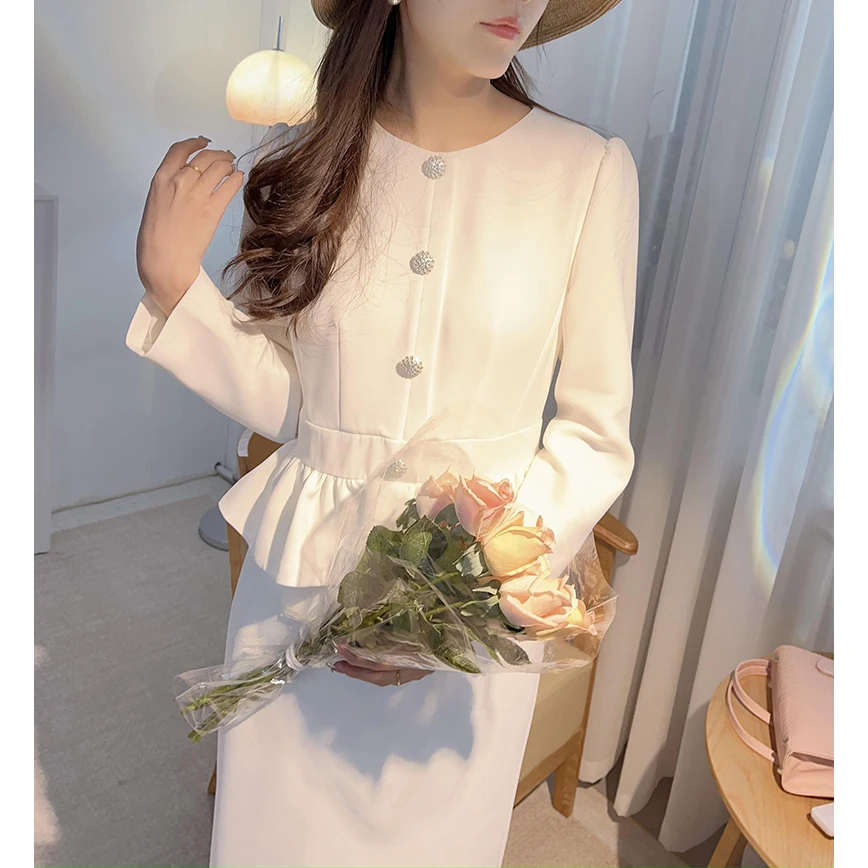 Ele High Waist Vine Fiber Long Sve round Ne Gown with Lace Trim High End Spring Collection Fake Two-Piece Dr