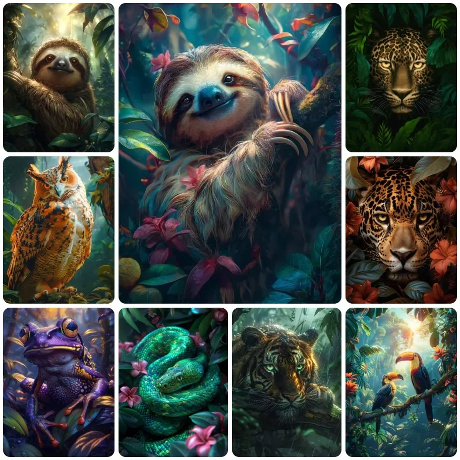 5D-Diamantmalerei zum Selbermachen, Motiv: Tiere aus dem Regenwald, Fuchsschlaf, Jaguar und Eule, Wanddekoration für Wohnzimmer, Schlafzimmer und andere Räume.
