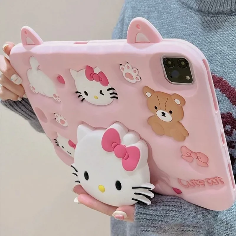 Cute Cartoon Sanrio Hello Kitty IPad Case Kawaii Silica Gel Anti Bending Lazy Stand Air4 5 Mini6 10.2 Inch Ipad Cases Girl Gift