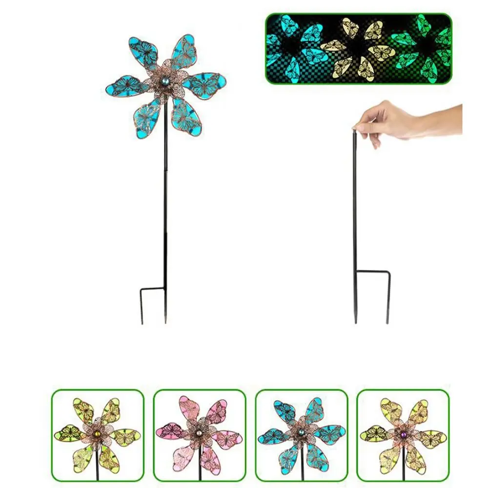 

Creative Metal Windmill Spinner Sculpture Rotating Luminous Effect Flower Pinwheel Butterfly Pattern Gardening Plug Yard
