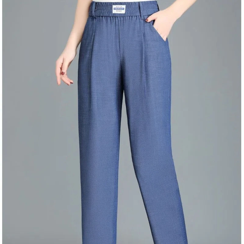 

Women's 2024 Summer New Patchwork Elasticized High-waisted Pocket Fashion Solid Minimalist All-match Casual Straight Pants