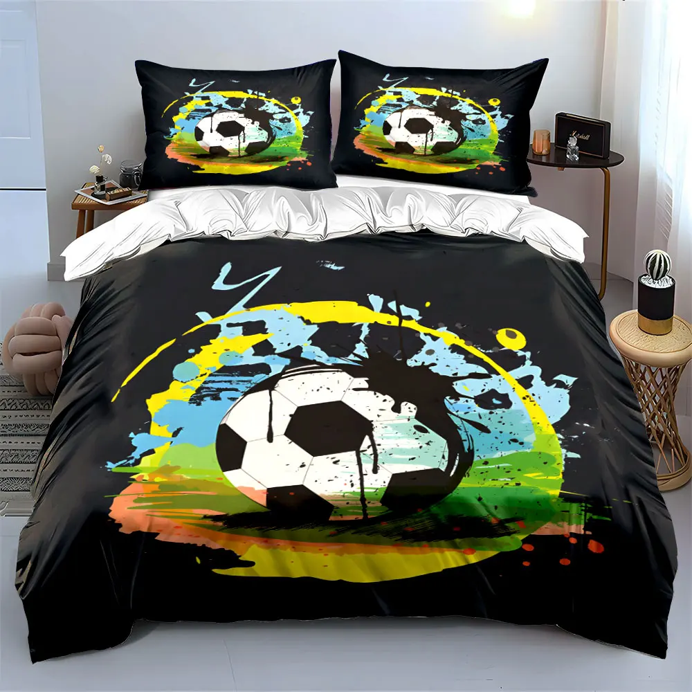 3Pcs Soccer Ball Bedding Set, Graffiti Style Football Print Duvet Cover + 2 Pillowcases, Cool Sport Design for Boys Bedroom