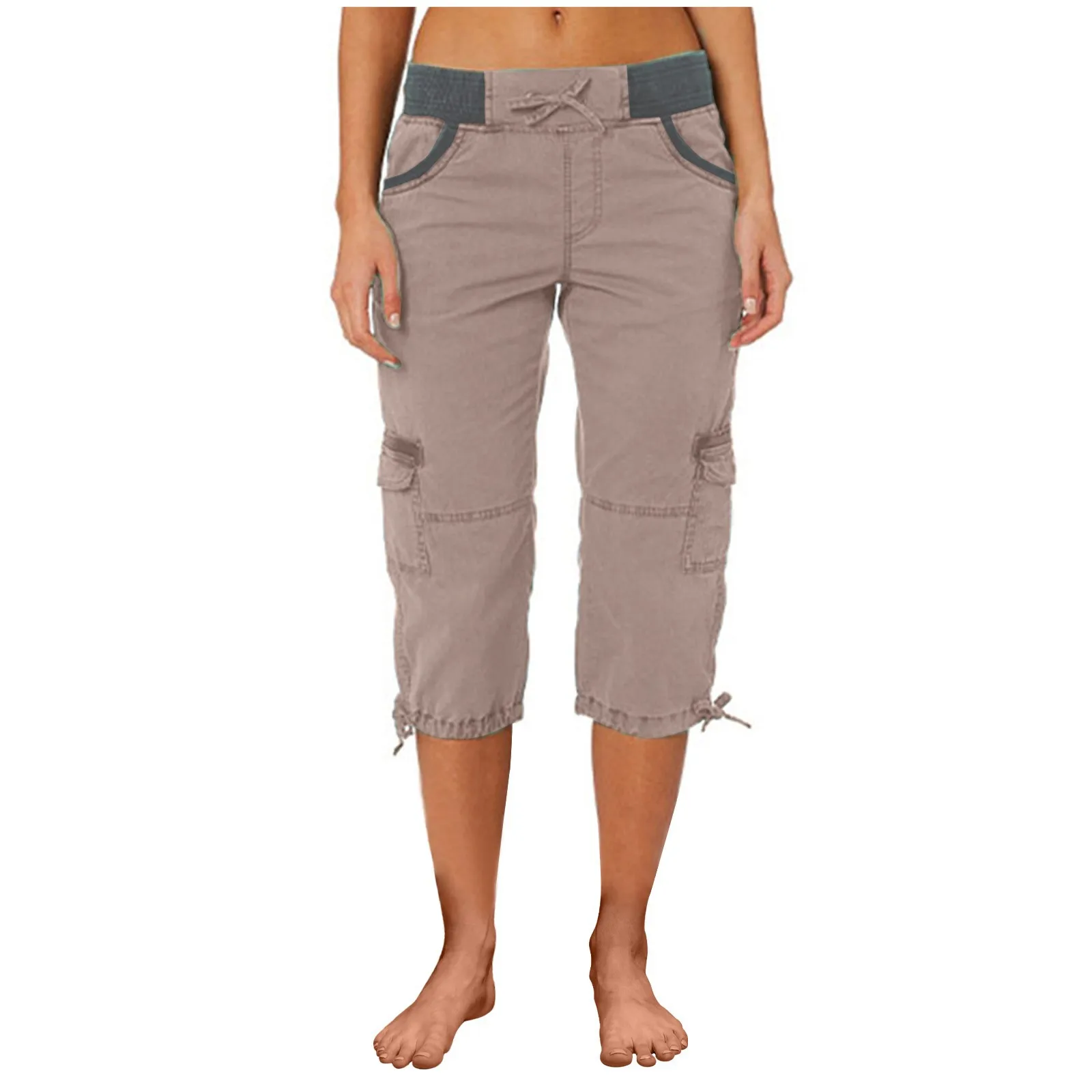 2026 Women's Summer Casual High Waist Drawstring Pocket Workwear Pants Solid Loose Wide Leg Extendable Cuffs 7-inch Pants Female