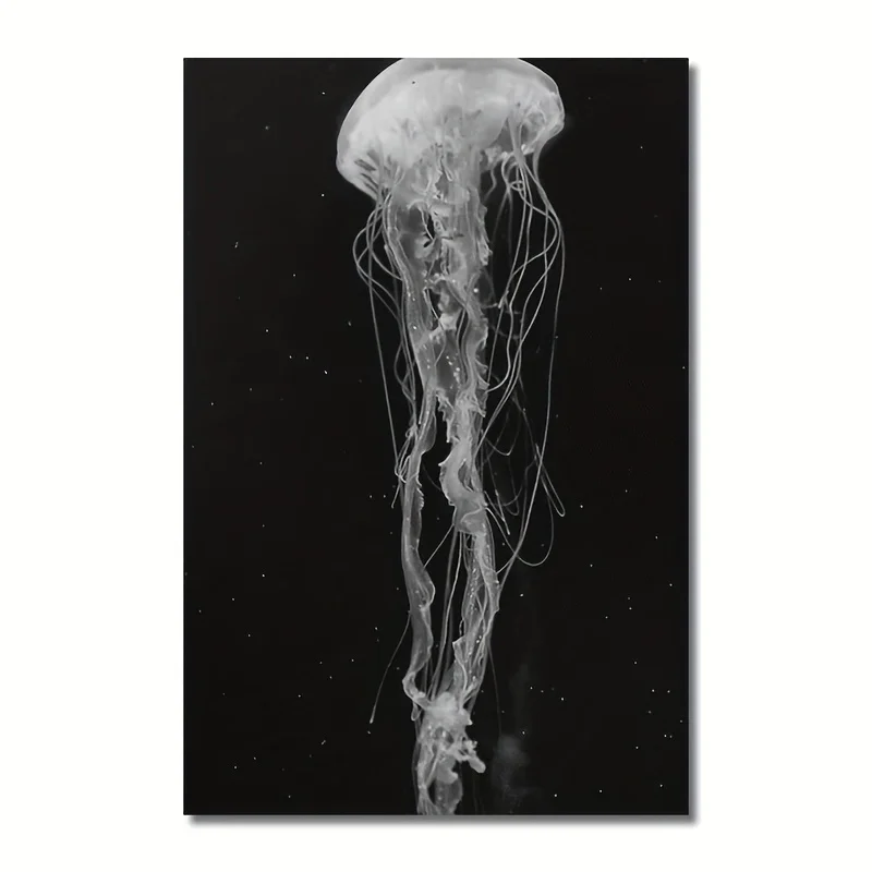Monochrome Jellyfish Canvas Print – Black Background Art, Ocean Life Print, Frameless 12×18 Inches, for Home Office Decor