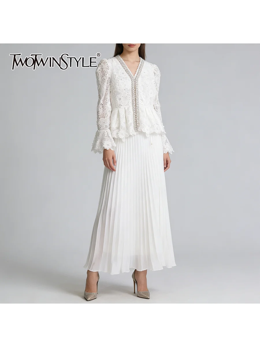 

TWOTWINSTYLE Elegant Solid Two Piece Sets for Women V Neck Flare Sleeve Top High Waist A Line Skirt Diamond Set Female Fashion