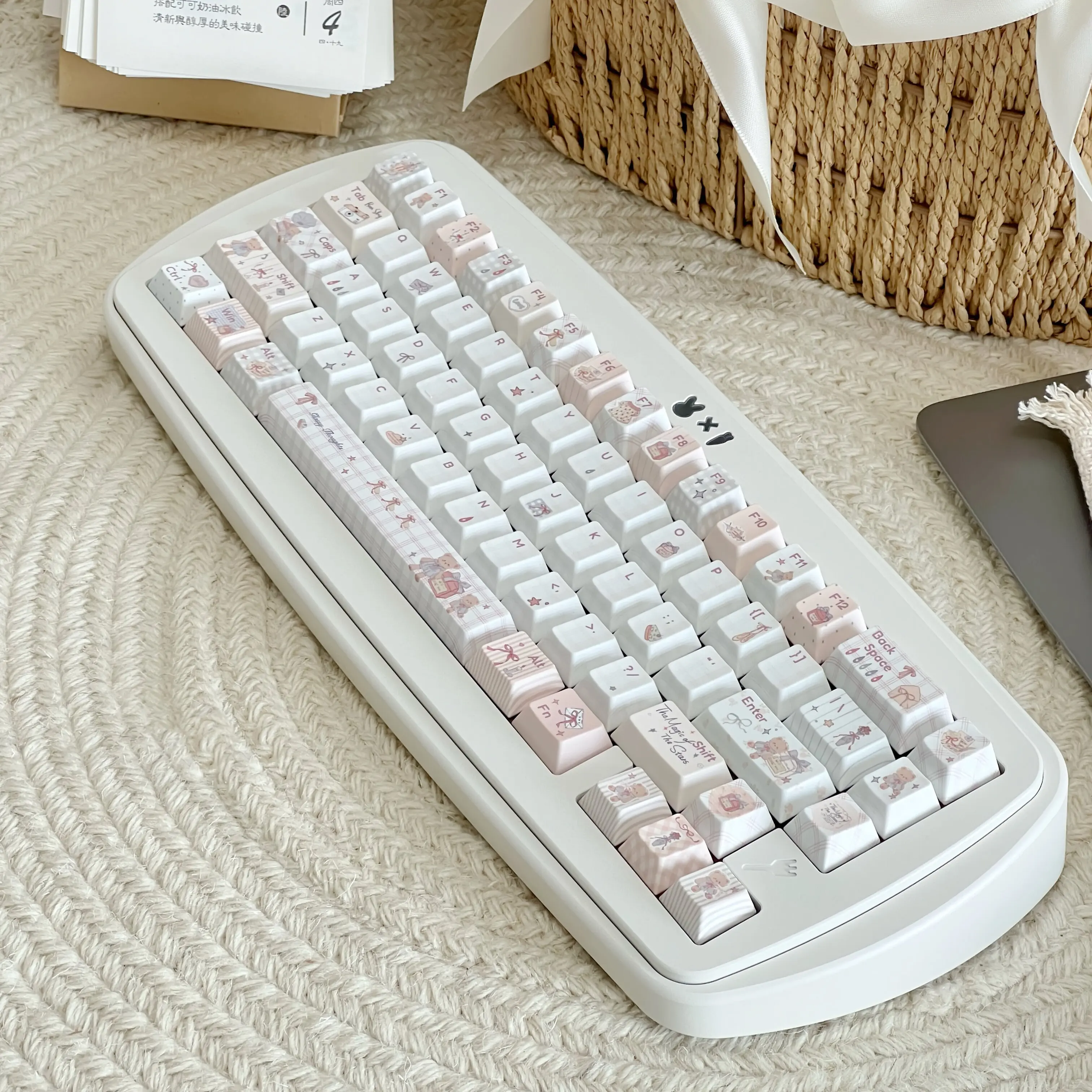 MAIMOOO Little Bear Cute Keycaps Cherry Profile Gentle Creamy Style PBT Custom Plaid Keycap for Mechanical Keyboard Girls Gifts
