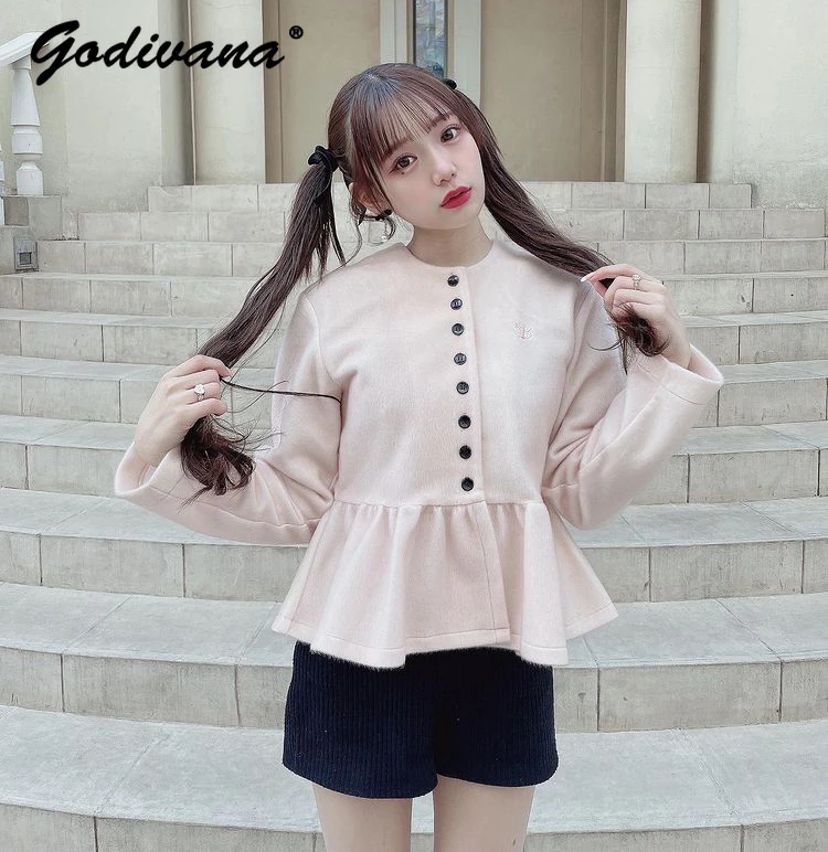 Japanese Ladies Sweet Ruffle Hem Multi-button Coat Solid Color Autumn Women\'s Elegant Cardigan Chest Embroidery Mink Hair Jacket