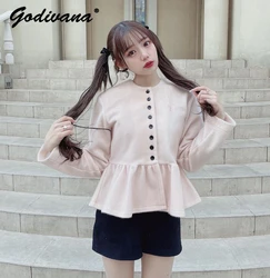 Japanese Ladies Sweet Ruffle Hem Multi-button Coat Solid Color Autumn Women's Elegant Cardigan Chest Embroidery Mink Hair Jacket