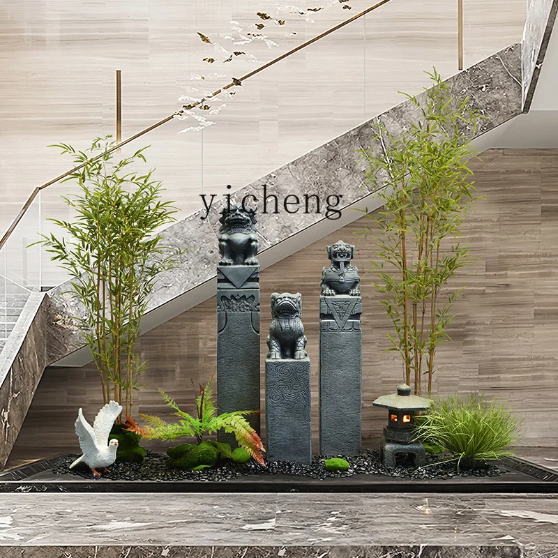 ZYA, nuevo estilo chino, piedra antigua, León, pila de caballo atada, exhibición para sala de estar, jardín, paisaje, adorno decorativo