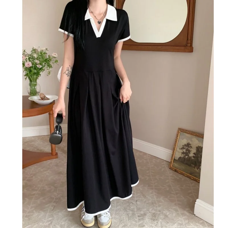 Casual Matching Dress Vintage Hepburn Dress Plus Size Office Lady's Elegant Black Dress Short Sleeve Loose Pleated Midi Dress