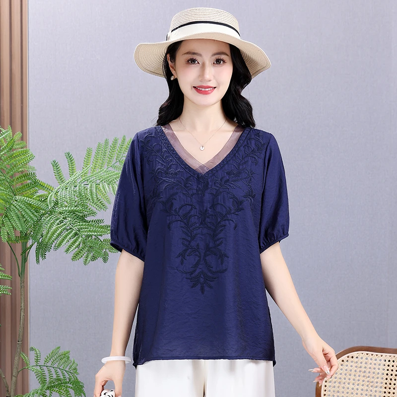 Summer Elastic Tee Shirt Solid Cotton Hemp Women's Clothing Short Sleeve V-Neck Plus Size Embroidery Retro Loose Versatile Tops