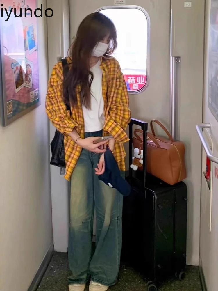 

American Women's Spring New Yellow Plaid Shirt Loose Fit Casual Vintage Dopamine Blouse Unisex Couple Top