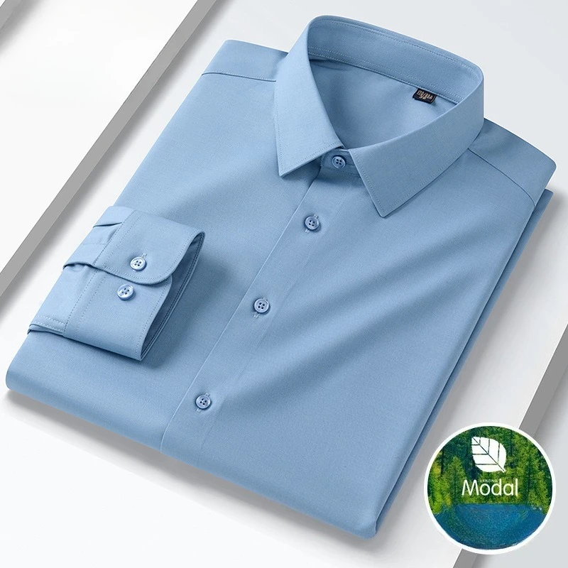 

8XL Modal Men Shirt Long Sleeve Slim Fit High-end Office Classic Solid Color Blue White Shirts Men Long Sleeve Casual Easy Care