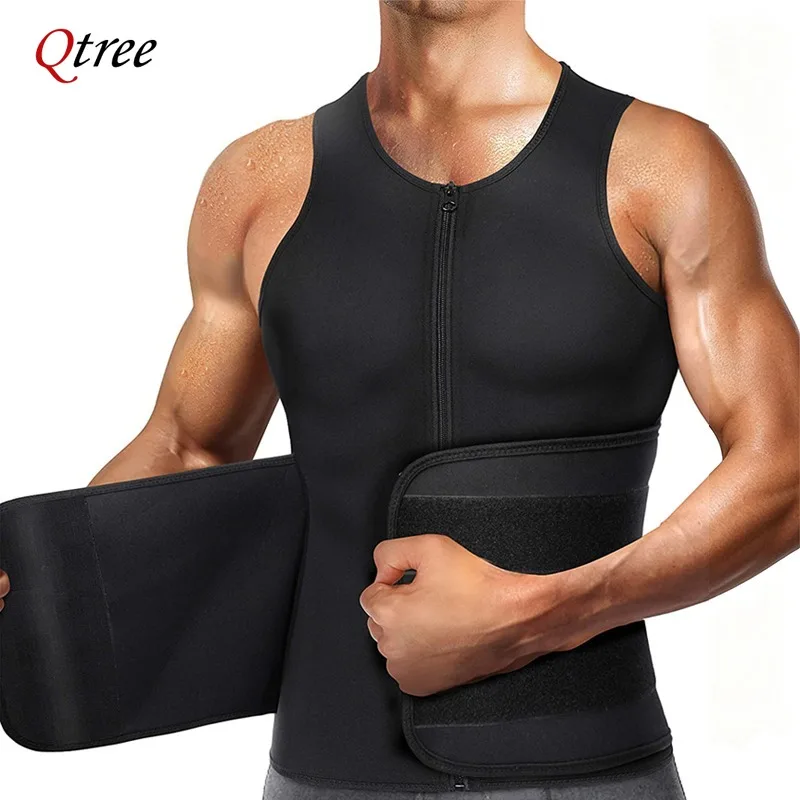 Qtree Compression Sauna Suits with Belt Men Slimming Trimmer Vest Waist Trainer Weight Loss Control Cincher Tops Gym Body Shaper