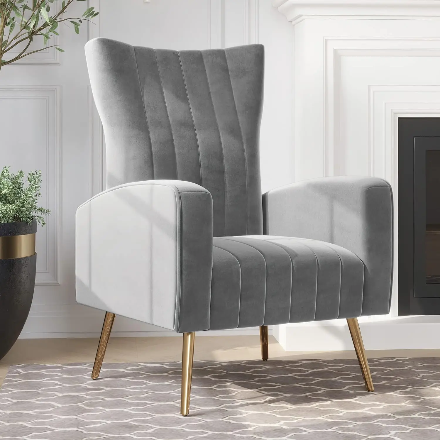 Velvet Accent Chairs for Living Room, Modern Wingback Vanity Chairs Upholstered Arm Chairs High Back Accent Chair w/Metal Legs