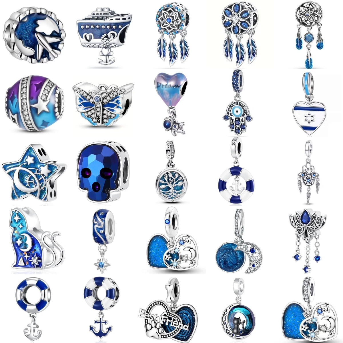 

Бусины-шармы из стерлингового серебра 925 пробы серии «Таинственный синий»: бабочка, корабль, ловец снов для браслетов, подарки для создания украшений своими руками