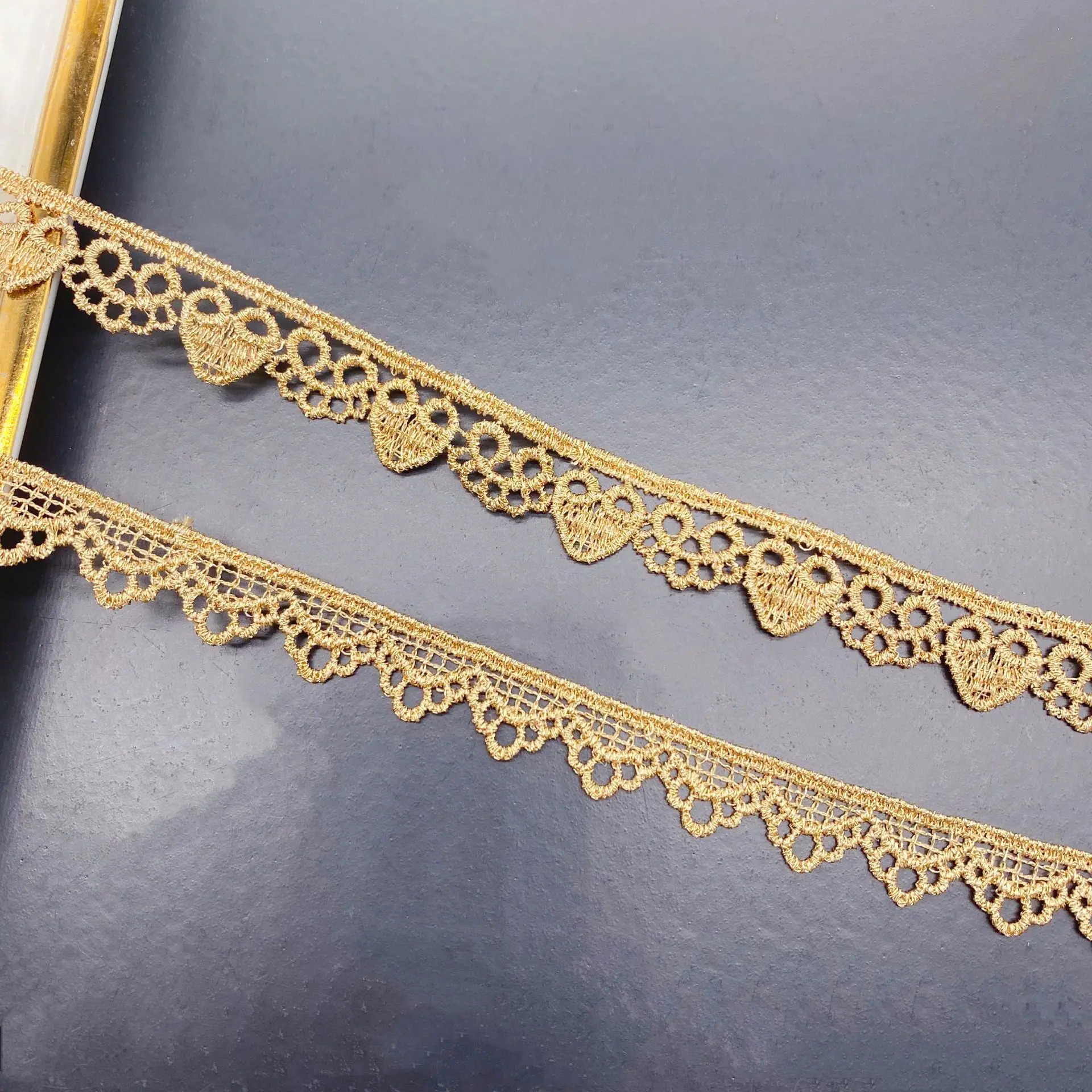 5 Yards Gold Thread Single‑Sided Water‑Soluble Hollow Small Heart Lace Trim, Accessories for Lolita Clothes DIY Sewing Material