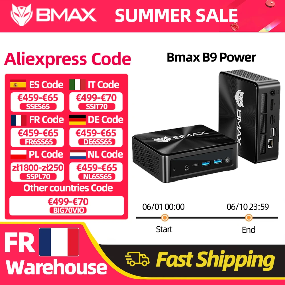 Mini PC BMAX B9 Power, Intel Core i9-12900H, 14 cœurs, max 5,0 GHz, 24 Go de RAM, 1 To SSD, WiFi 6, Bluetooth, HDMI, USB
