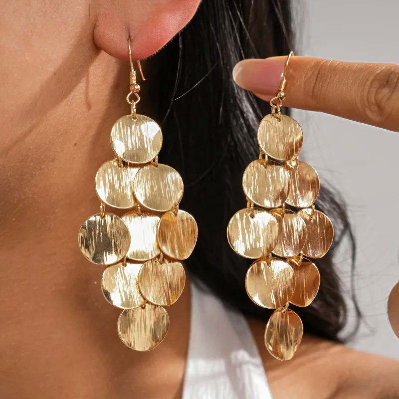 Gold Color Brushed Textured Disc Fish Ear Hooks Women Stacked Layered Tassel Round Chip Dangle Earrings Punk Party Jewelry K