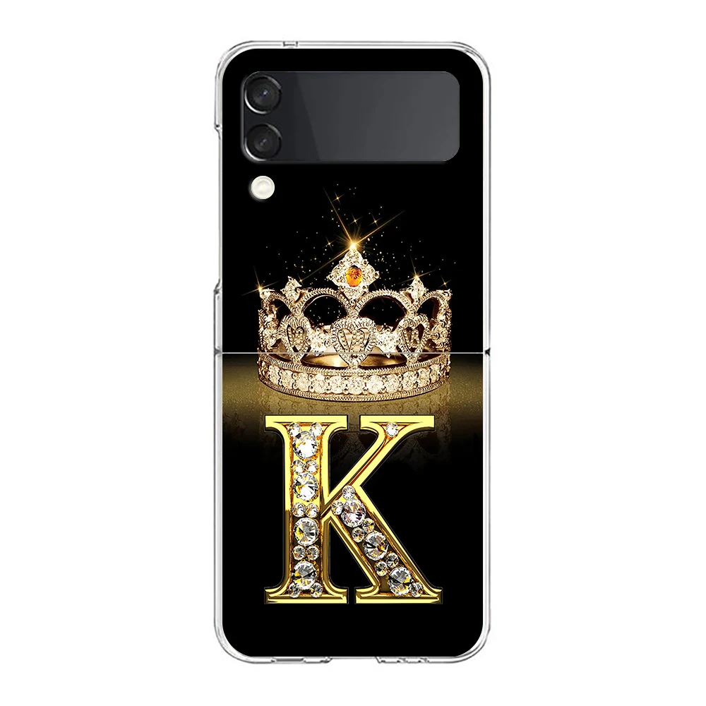 Diamond Crown Letter 26 Letters Phone Case For Samsung Z Flip 3 4 5 6 fold High Hard PC Shell For Galaxy Z Flip 3 5 6 Cover