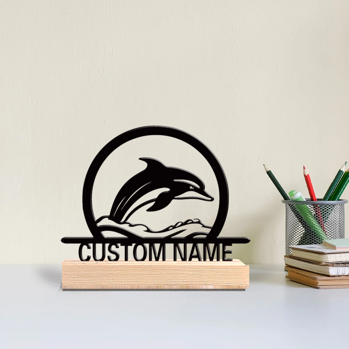 1pc Cute Personalized Custom Dolphin Metal Statues Ocean-Inspired Desk Art with Wooden Base Ideal for Beach Houses Zen Offices