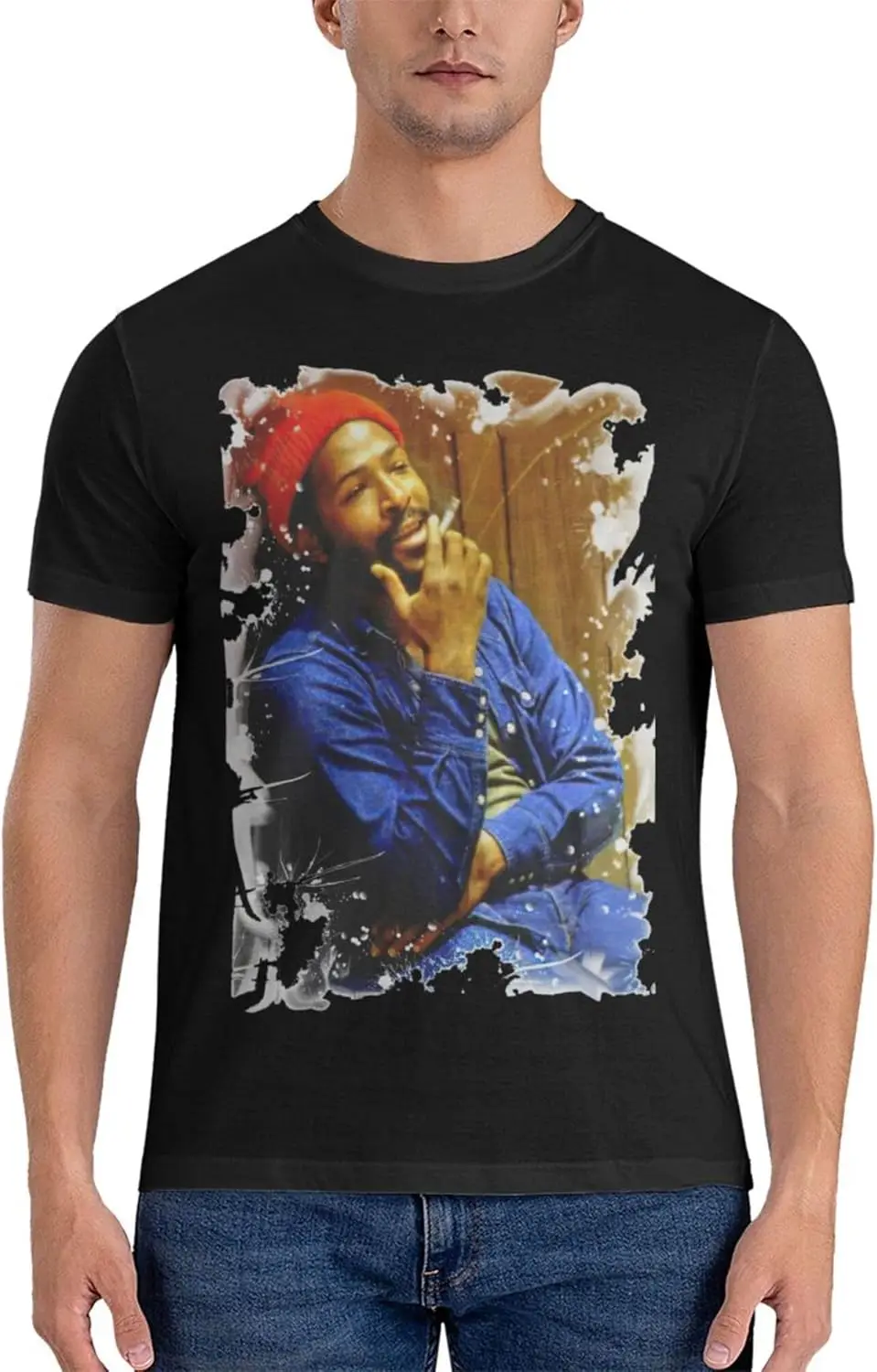 Marvin Music Gaye Men's Short Sleeve T-Shirt Double Sided Printing Casual Crew Neck Tops Black