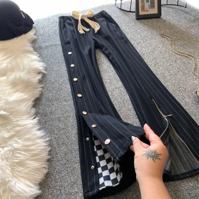 Striped straight-leg pants women's new split wide-leg casual pants loose drape mopping trousers