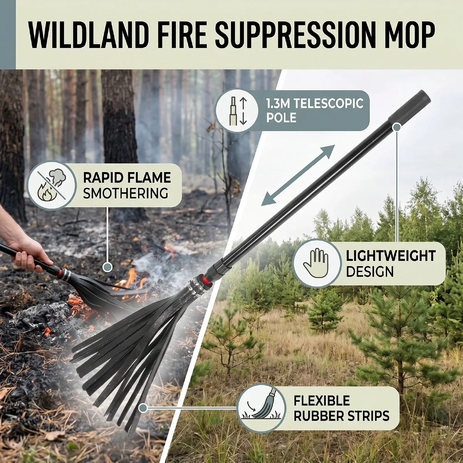 Extinguishing Rubber Mop with 1.3 Meter Telescopic Pole Whip Firefighting Tool for Forest Grassland  Control