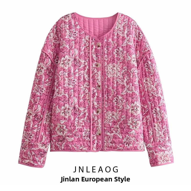 

Fashionable Printed Cotton Jacket Street Style Straight Cut Long Sleeve Zipper Closure round Neck High End Feel Autumn New Ar...