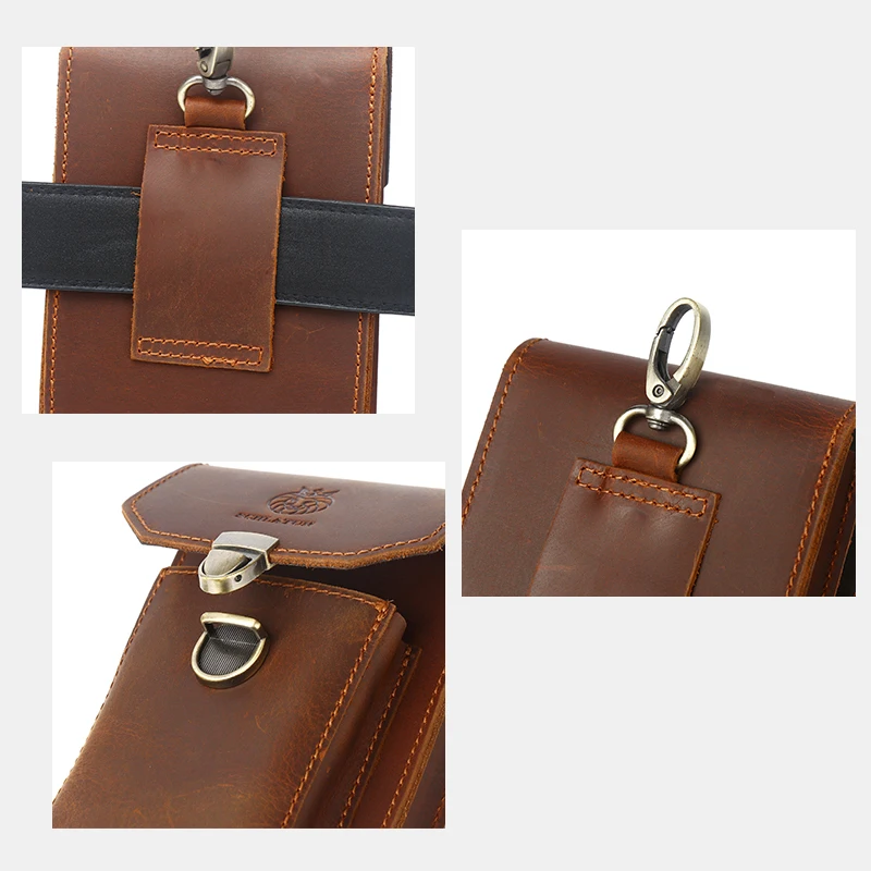 SCHLATUM Crazy Horse Leather Men Belt Pouch Vintage Casual Waist Bags 7-inch Mobile Phone Fanny Waist