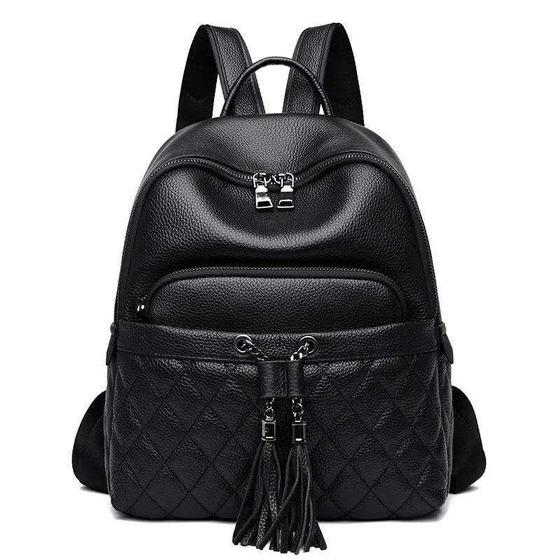 

2024 New Fashion Luxury Brand Cow Genuine Leather Women Backpacks Female Tassel Girl Student Korean Casual Designer Backpack