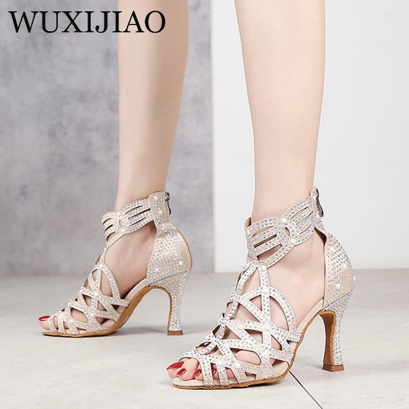 WUXIJIAO Women High Heel Latin Dance Shoes Sexy Ballroom Shoes Soft Sole Pole Dance Boots Women Party Shoes