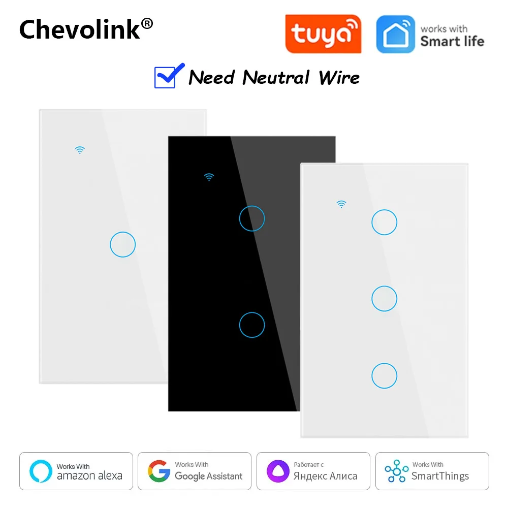 Interruptor de Luz Inteligente Tuya WiFi, Interruptor de Toque na Parede, Fio Neutro Necessário, Vida Inteligente dos EUA, Trabalhar com Alexa, Google Home, 1 Gang, 2 Gangs, 3 Gangs, 4 Gangs