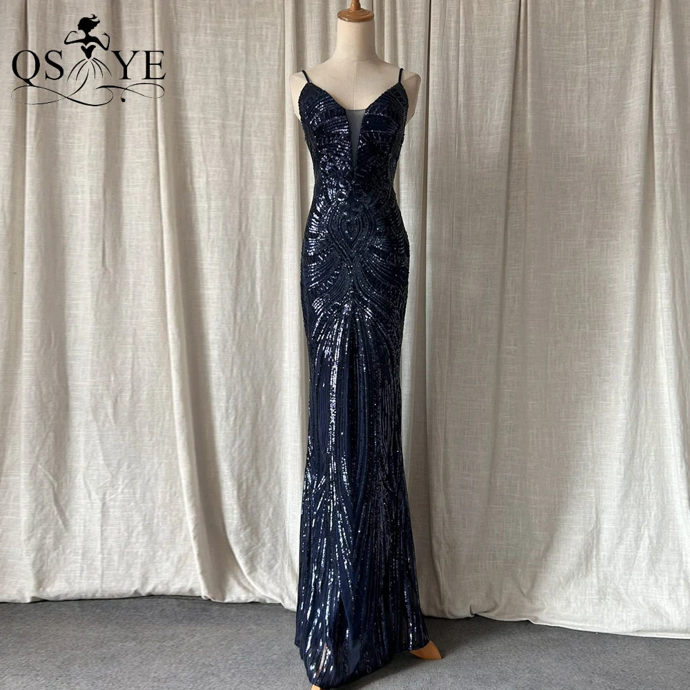 

Navy Long Prom Dresses Mermaid Pattern Lace Sequin Evening Gown Party Spaghetti Straps V Neck Backless Dark Blue Formal Dress
