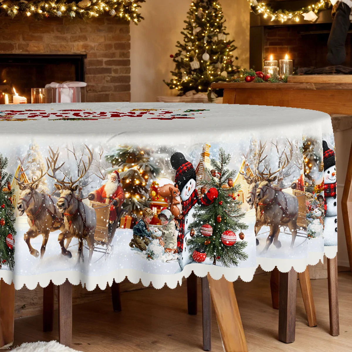 1 piece, Christmas party tablecloth, snowman Santa Claus elk squirrel winter snow design pattern tablecloth,