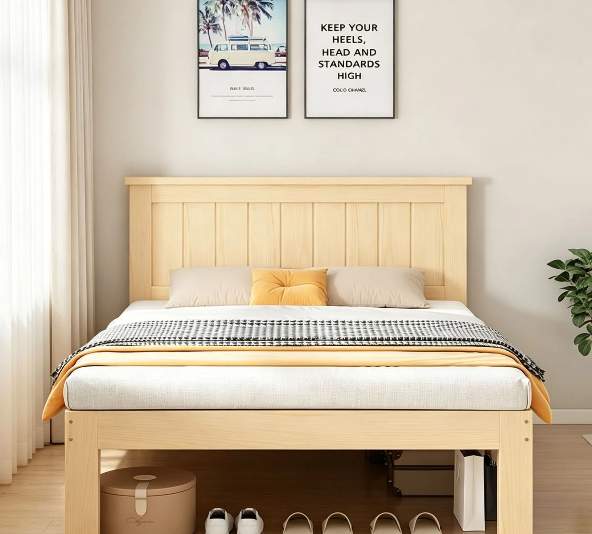 Simple solid wood single double bed raised bed frame off the ground storage box home rental room solid wood bed